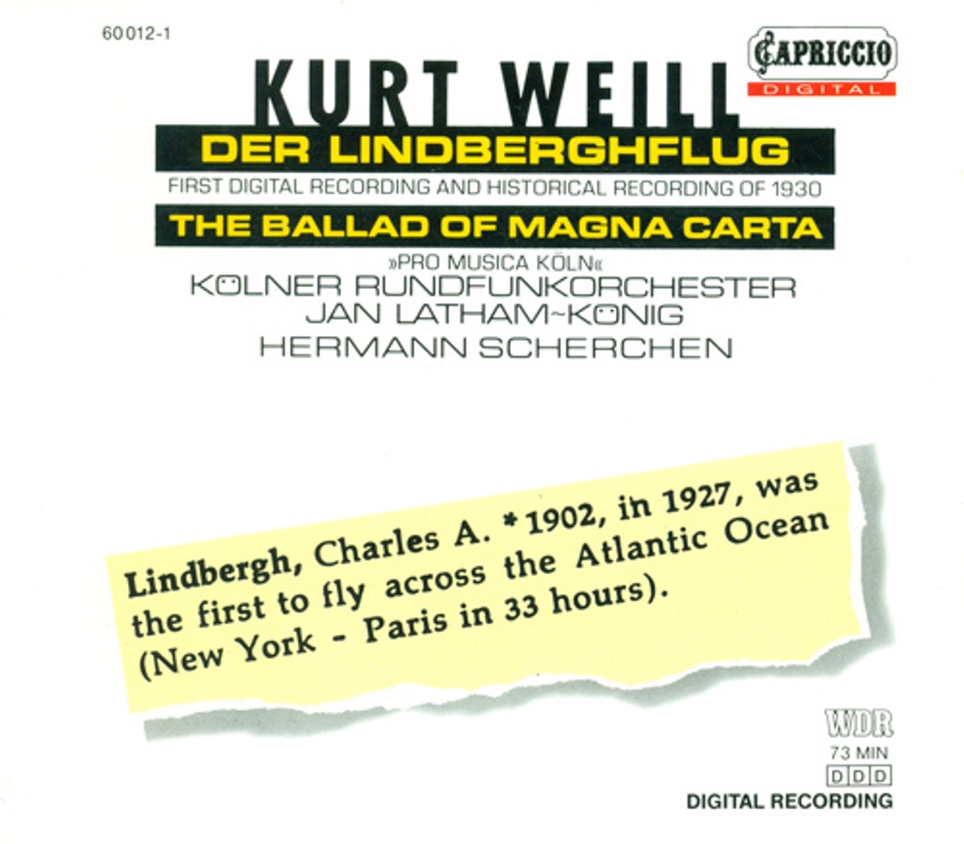 Weill, K.: Lindberghflug (Der) [Opera] album cover